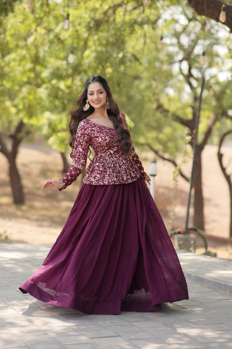 Wine Trending Fashionable Co-ord  Set with Pure Viscose Dayble Flower Design & Sequins Embroidered work Blouse and Plain Lehenga