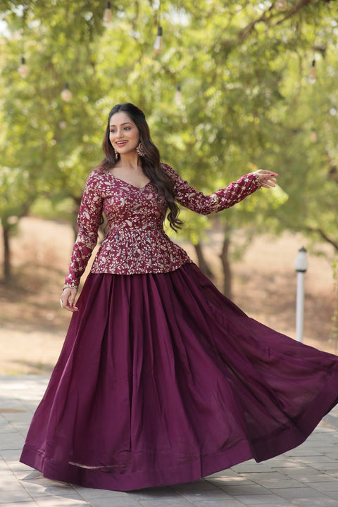 Wine Trending Fashionable Co-ord  Set with Pure Viscose Dayble Flower Design & Sequins Embroidered work Blouse and Plain Lehenga