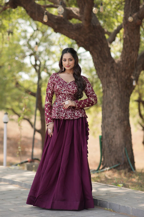 Wine Trending Fashionable Co-ord  Set with Pure Viscose Dayble Flower Design & Sequins Embroidered work Blouse and Plain Lehenga