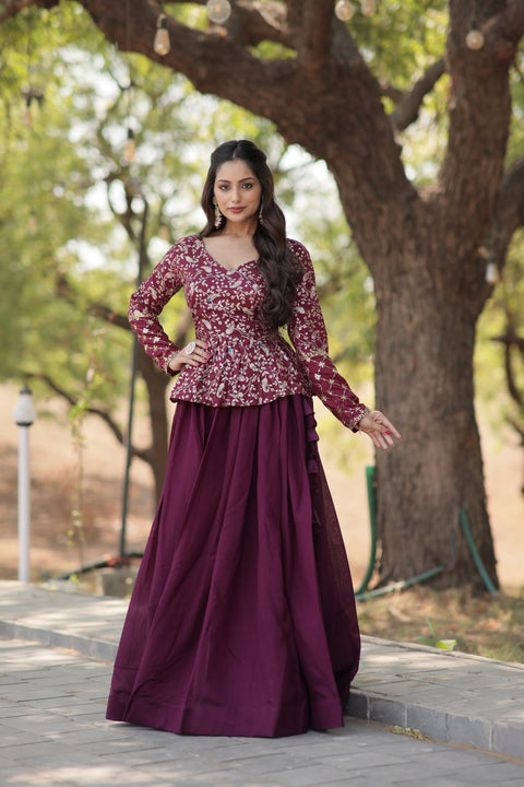 Wine Trending Fashionable Co-ord  Set with Pure Viscose Dayble Flower Design & Sequins Embroidered work Blouse and Plain Lehenga