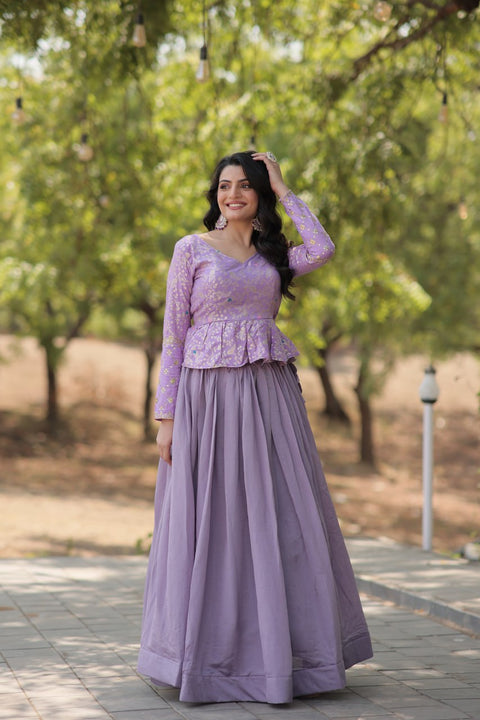 Purple Trending Fashionable Co-ord  Set with Pure Viscose Dayble Flower Design & Sequins Embroidered work Blouse and Plain Lehenga