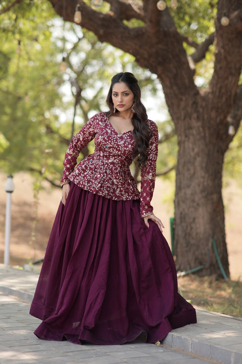 Wine Trending Fashionable Co-ord  Set with Pure Viscose Dayble Flower Design & Sequins Embroidered work Blouse and Plain Lehenga