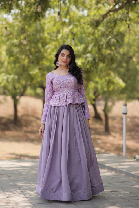 Purple Trending Fashionable Co-ord  Set with Pure Viscose Dayble Flower Design & Sequins Embroidered work Blouse and Plain Lehenga