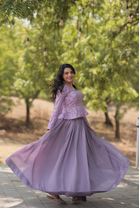 Purple Trending Fashionable Co-ord  Set with Pure Viscose Dayble Flower Design & Sequins Embroidered work Blouse and Plain Lehenga