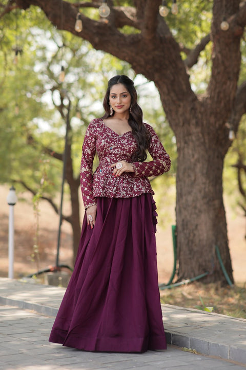 Wine Trending Fashionable Co-ord  Set with Pure Viscose Dayble Flower Design & Sequins Embroidered work Blouse and Plain Lehenga