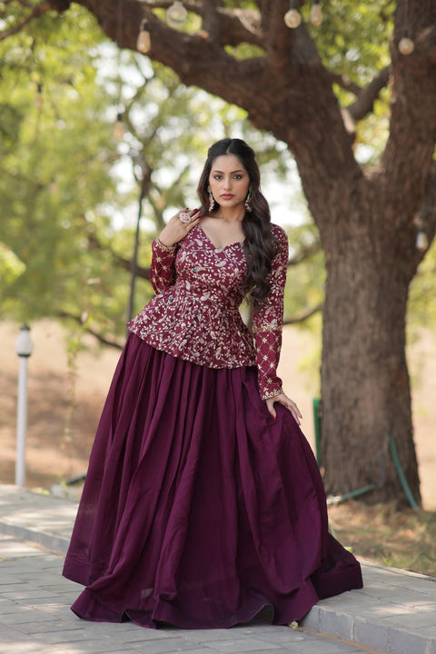 Wine Trending Fashionable Co-ord  Set with Pure Viscose Dayble Flower Design & Sequins Embroidered work Blouse and Plain Lehenga