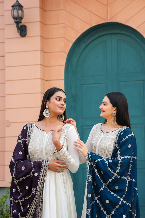 Teal Blue New Party Wear Look Pur Chinon Silk Fancy Anarkali Gown,Dupatta & Bottom Set For Women