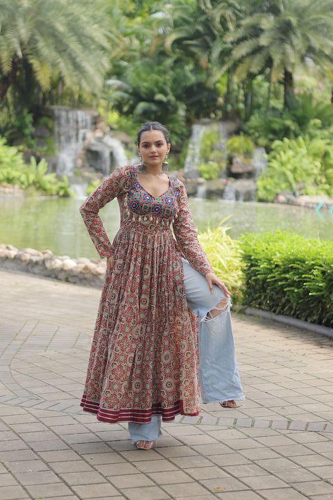 Red Printed Kurti Made from Heavy Printed Cotton with Kutchi Gamthi Lace and Kodi Work For Women