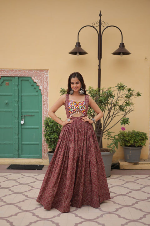 Brown Printed Gown Made from Heavy Printed Cotton with Kutchi Gamthi Lace and Kodi Work