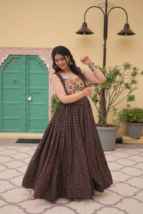 Printed Gown Made from Heavy Printed Cotton with Kutchi Gamthi Lace and Kodi Work