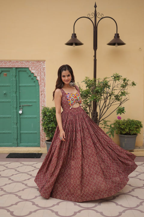 Brown Printed Gown Made from Heavy Printed Cotton with Kutchi Gamthi Lace and Kodi Work