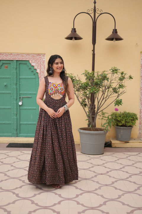 Printed Gown Made from Heavy Printed Cotton with Kutchi Gamthi Lace and Kodi Work