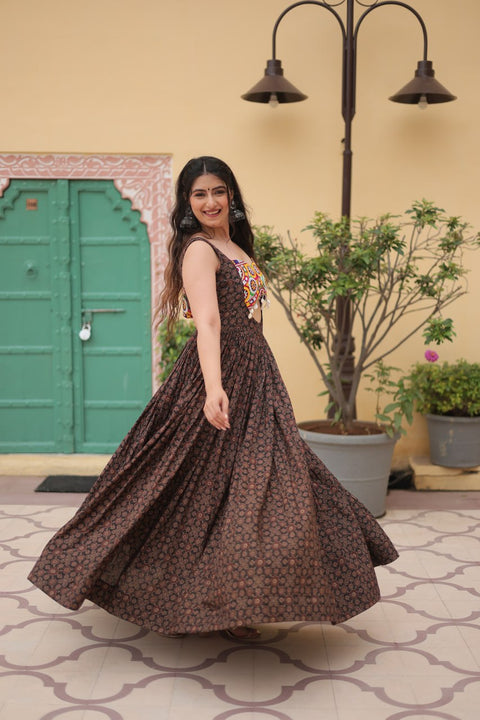 Printed Gown Made from Heavy Printed Cotton with Kutchi Gamthi Lace and Kodi Work