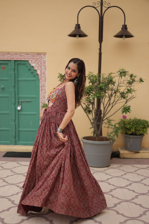 Brown Printed Gown Made from Heavy Printed Cotton with Kutchi Gamthi Lace and Kodi Work