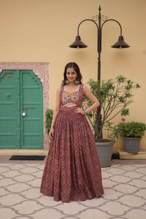 Brown Printed Gown Made from Heavy Printed Cotton with Kutchi Gamthi Lace and Kodi Work