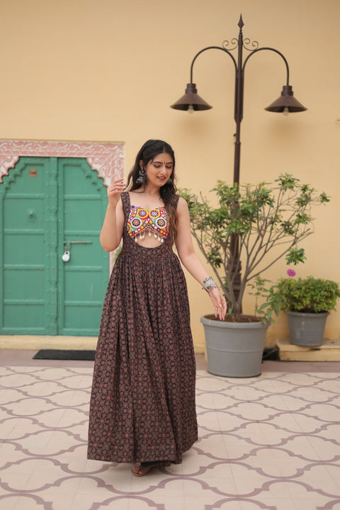 Printed Gown Made from Heavy Printed Cotton with Kutchi Gamthi Lace and Kodi Work