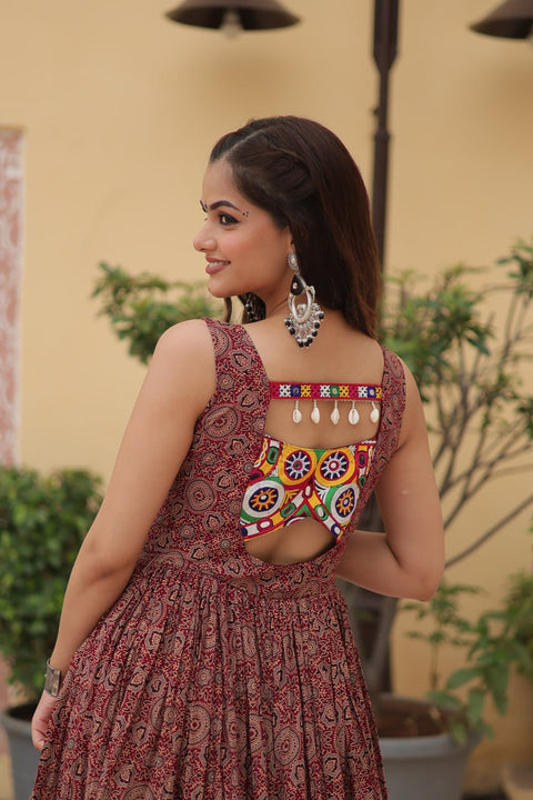 Brown Printed Gown Made from Heavy Printed Cotton with Kutchi Gamthi Lace and Kodi Work