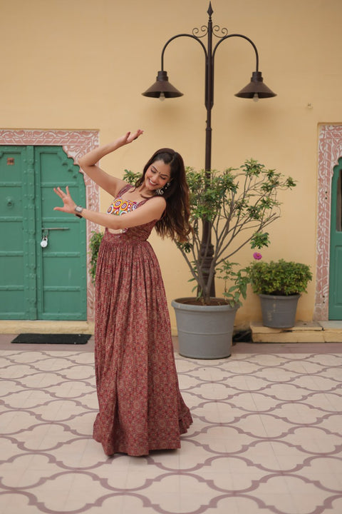 Brown Printed Gown Made from Heavy Printed Cotton with Kutchi Gamthi Lace and Kodi Work