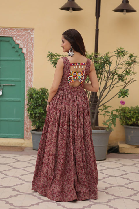 Brown Printed Gown Made from Heavy Printed Cotton with Kutchi Gamthi Lace and Kodi Work