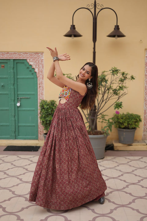 Brown Printed Gown Made from Heavy Printed Cotton with Kutchi Gamthi Lace and Kodi Work