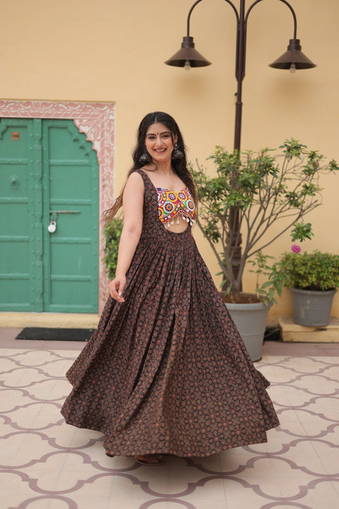 Printed Gown Made from Heavy Printed Cotton with Kutchi Gamthi Lace and Kodi Work