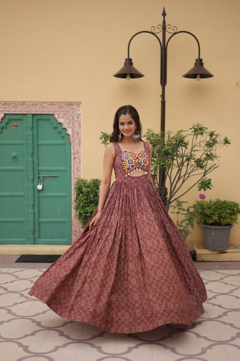 Brown Printed Gown Made from Heavy Printed Cotton with Kutchi Gamthi Lace and Kodi Work