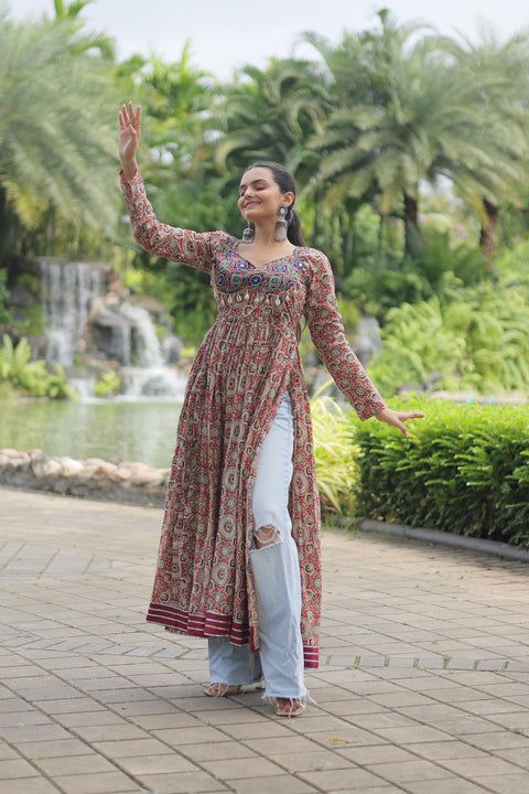 Red Printed Kurti Made from Heavy Printed Cotton with Kutchi Gamthi Lace and Kodi Work For Women