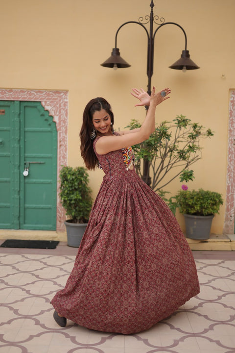 Brown Printed Gown Made from Heavy Printed Cotton with Kutchi Gamthi Lace and Kodi Work