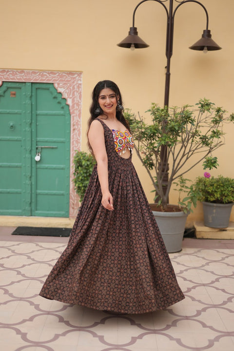 Printed Gown Made from Heavy Printed Cotton with Kutchi Gamthi Lace and Kodi Work