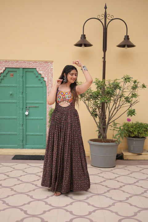 Printed Gown Made from Heavy Printed Cotton with Kutchi Gamthi Lace and Kodi Work