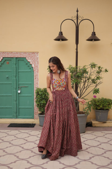 Brown Printed Gown Made from Heavy Printed Cotton with Kutchi Gamthi Lace and Kodi Work