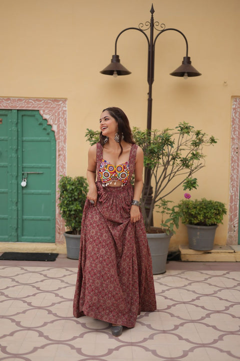 Brown Printed Gown Made from Heavy Printed Cotton with Kutchi Gamthi Lace and Kodi Work