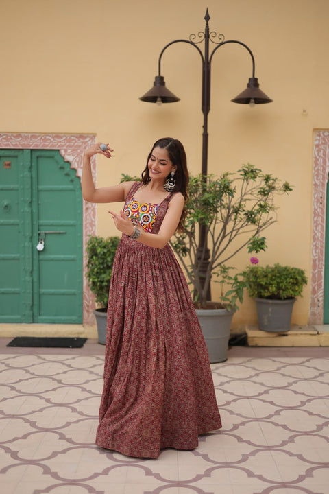 Brown Printed Gown Made from Heavy Printed Cotton with Kutchi Gamthi Lace and Kodi Work