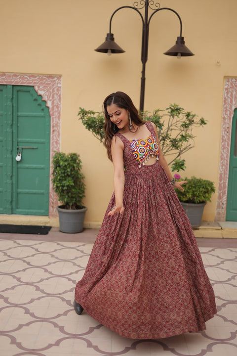 Brown Printed Gown Made from Heavy Printed Cotton with Kutchi Gamthi Lace and Kodi Work