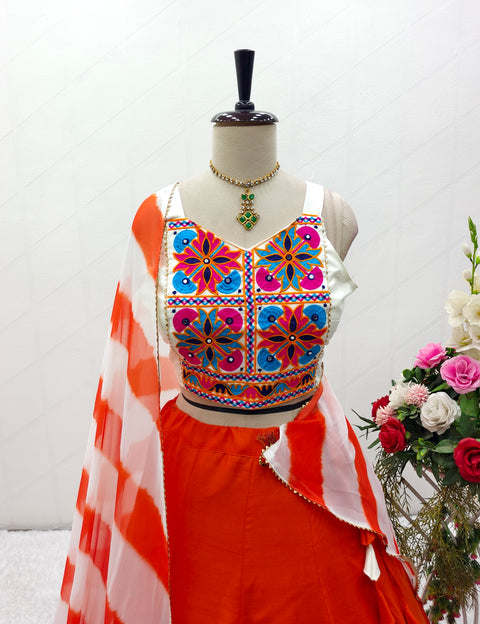 Orange Navratri Collection Heavy Cotton Silk Lehenga Choli Dupatta Set For Women