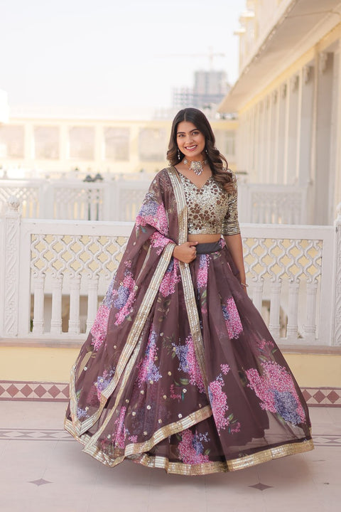 Brown Desirable Women's Fully Flaired Lehenga Made With Digital Printed Russian Silk Lehenga Choli