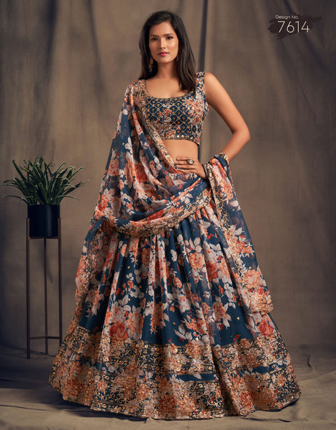 Trendy Dove Blue Organza Bollywood lehenga choli for women with Dupatta Indian Designer Ready to wear partywear Lehenga Choli Trendy Lehenga - ReadyToWearshop