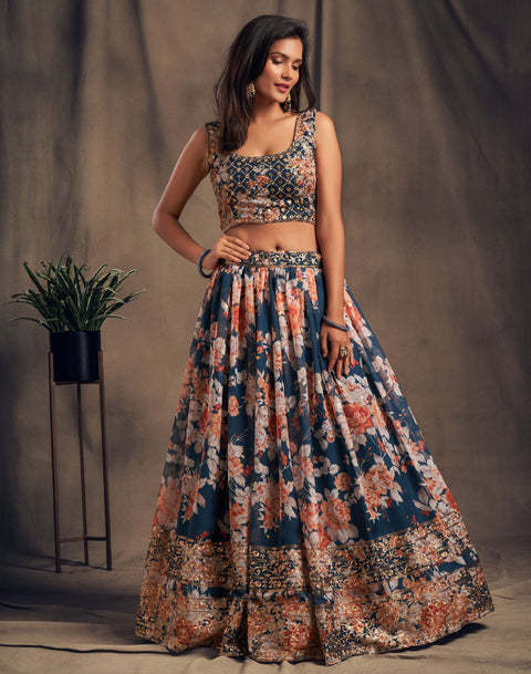 Trendy Dove Blue Organza Bollywood lehenga choli for women with Dupatta Indian Designer Ready to wear partywear Lehenga Choli Trendy Lehenga - ReadyToWearshop