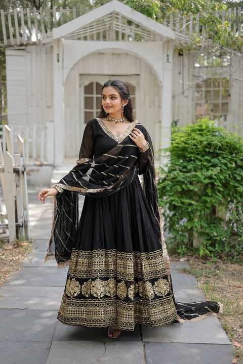 Black Faux Blooming Gown with Dupatta With Attractive Embroidered Sequins work For Women