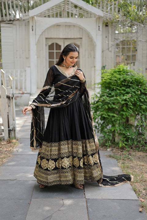 Black Faux Blooming Gown with Dupatta With Attractive Embroidered Sequins work For Women