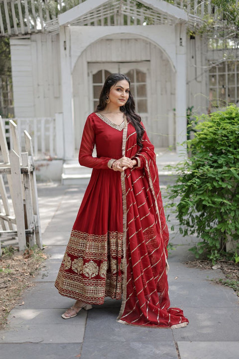 Maroon Faux Blooming Gown with Dupatta With Attractive Embroidered Sequins work For Women