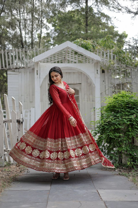 Maroon Faux Blooming Gown with Dupatta With Attractive Embroidered Sequins work For Women