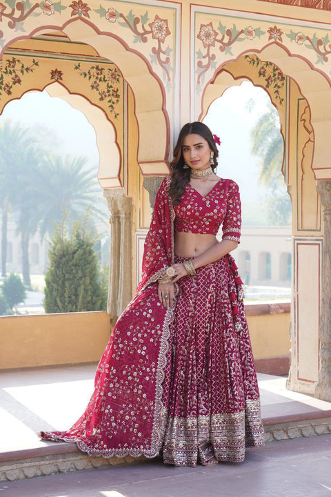 Red Designer Pure Viscose Jacquard fabric Lehenga Choli & Dupatta Set For Women