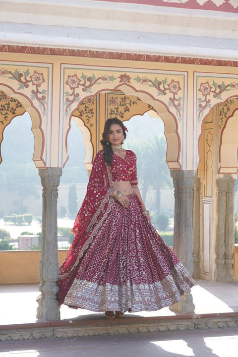 Red Designer Pure Viscose Jacquard fabric Lehenga Choli & Dupatta Set For Women