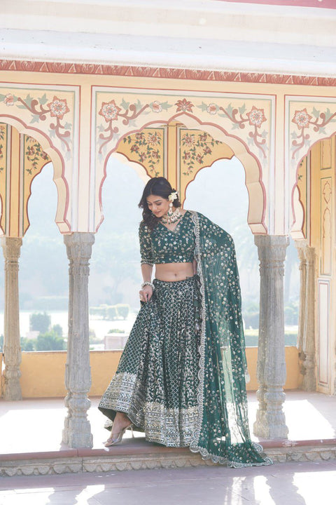 Green Designer Pure Viscose Jacquard fabric Lehenga Choli & Dupatta Set For Women