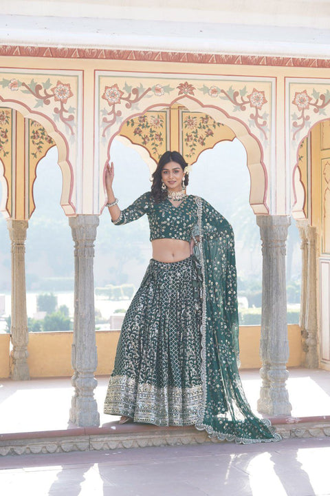 Green Designer Pure Viscose Jacquard fabric Lehenga Choli & Dupatta Set For Women