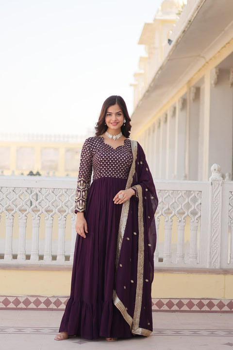 Dark Purple Faux Blooming gown with Sequins-Multi Embroidered Work, It looks graceful for women