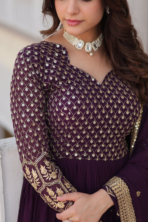 Dark Purple Faux Blooming gown with Sequins-Multi Embroidered Work, It looks graceful for women