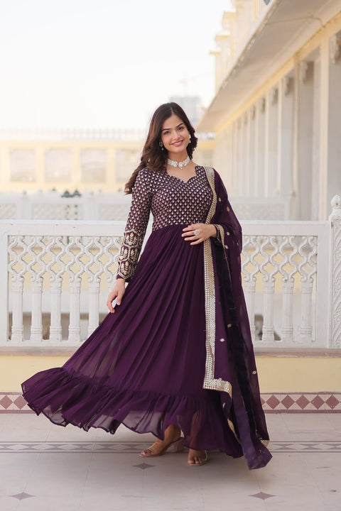 Dark Purple Faux Blooming gown with Sequins-Multi Embroidered Work, It looks graceful for women