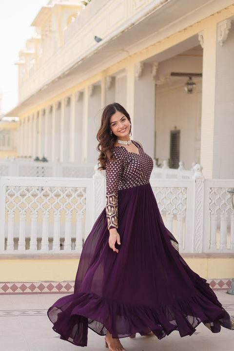 Dark Purple Faux Blooming gown with Sequins-Multi Embroidered Work, It looks graceful for women